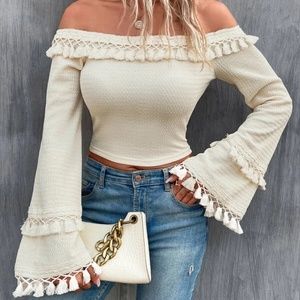 Boho Off Shoulder Tassel Detail Cropped Top
